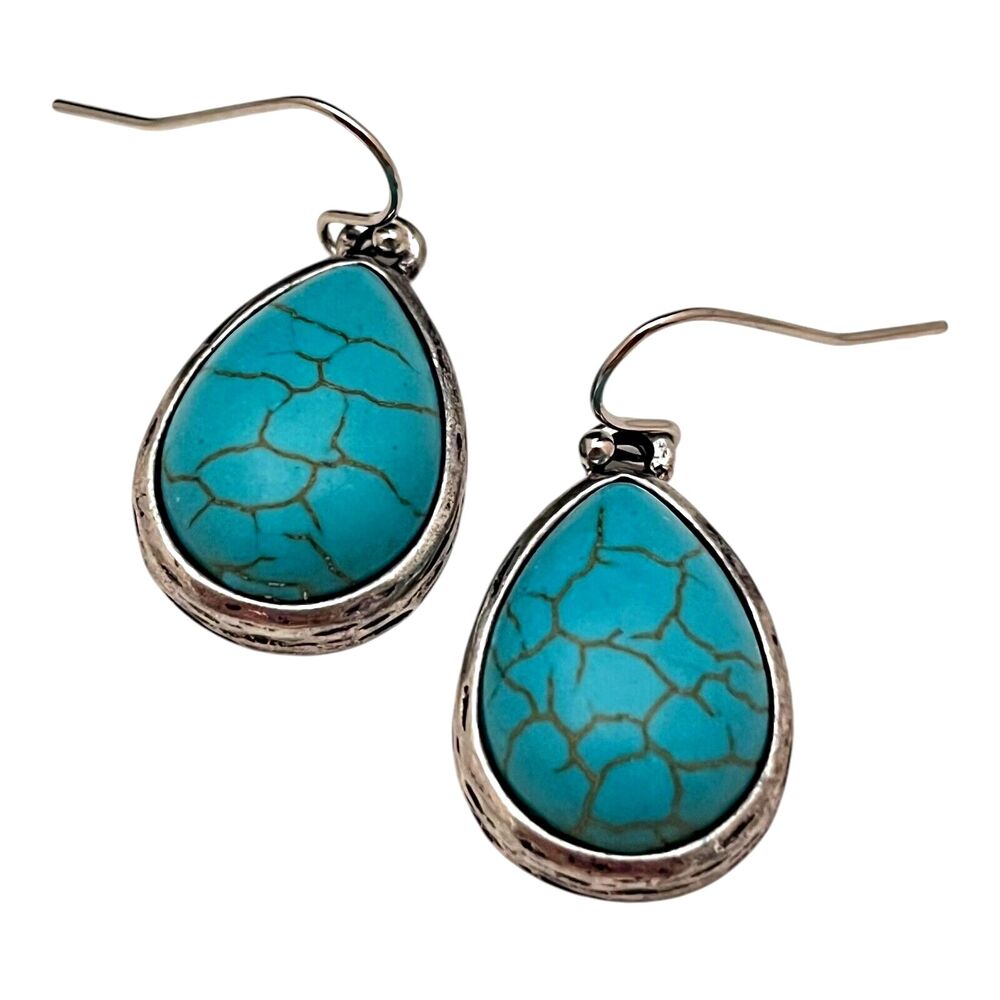 New Silver Tone Earrings Semi Precious Blue Stone Drop Dangle - 11E
